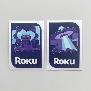 Set of Two Roku Stickers Robot & Flying Saucer Blue Purple & White